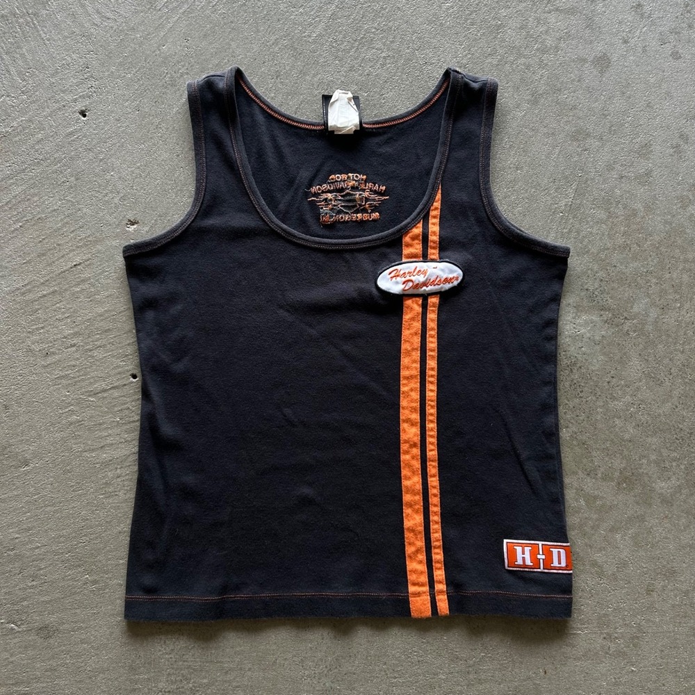 Vintage Harley Davidson Tank Top Womens Large Black Orange Striped Biker Shirt